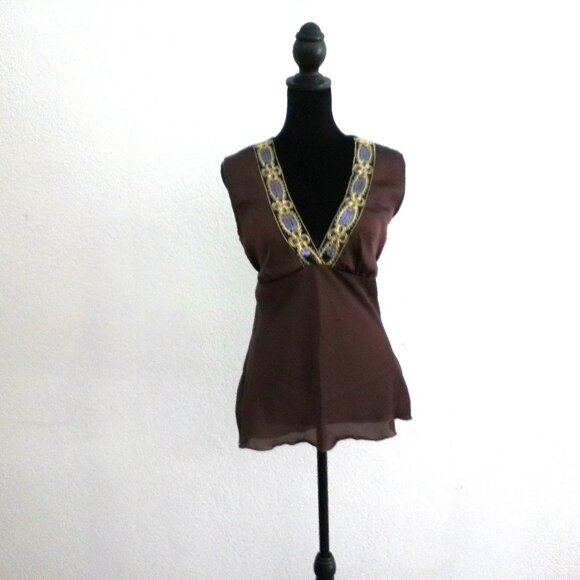 Judy Jr., Brown V-neck tank top, with golden embroidery & sequins design - Picture 3 of 8
